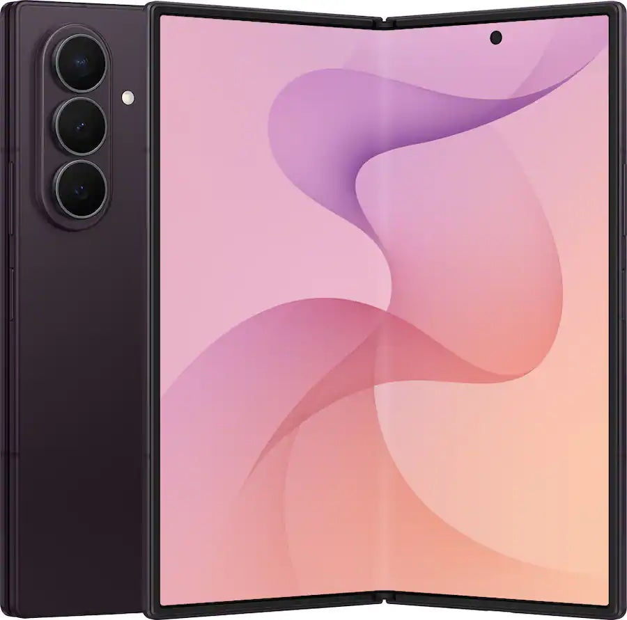 Samsung Galaxy Z Fold8 Ultra in Violet Shadow, shown unfolded with rear cameras
