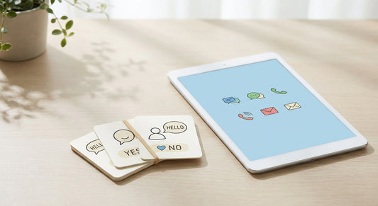 A tablet device and paper picture communication cards arranged side by side on a clean white surface in warm, natural light, representing the spectrum of AAC communication tools.