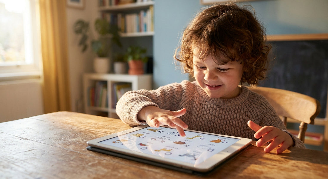 A young child confidently interacting with an AAC tablet device at a sunlit table, with a warm and hopeful expression on their face.
