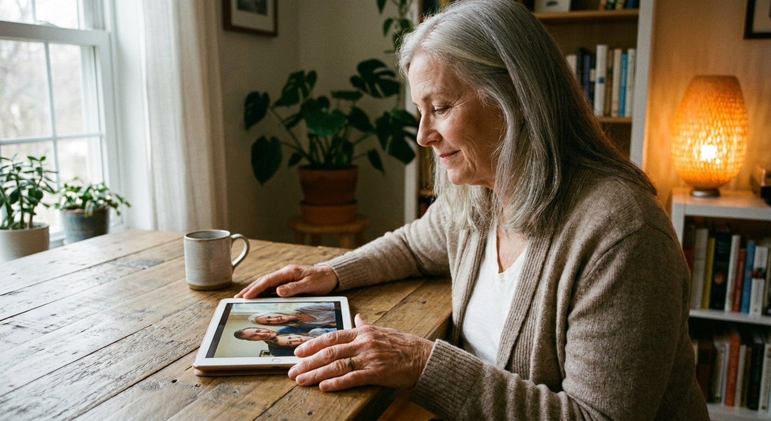 An adult resting their hand on a tablet communication device at a warmly lit table, bathed in soft natural light.