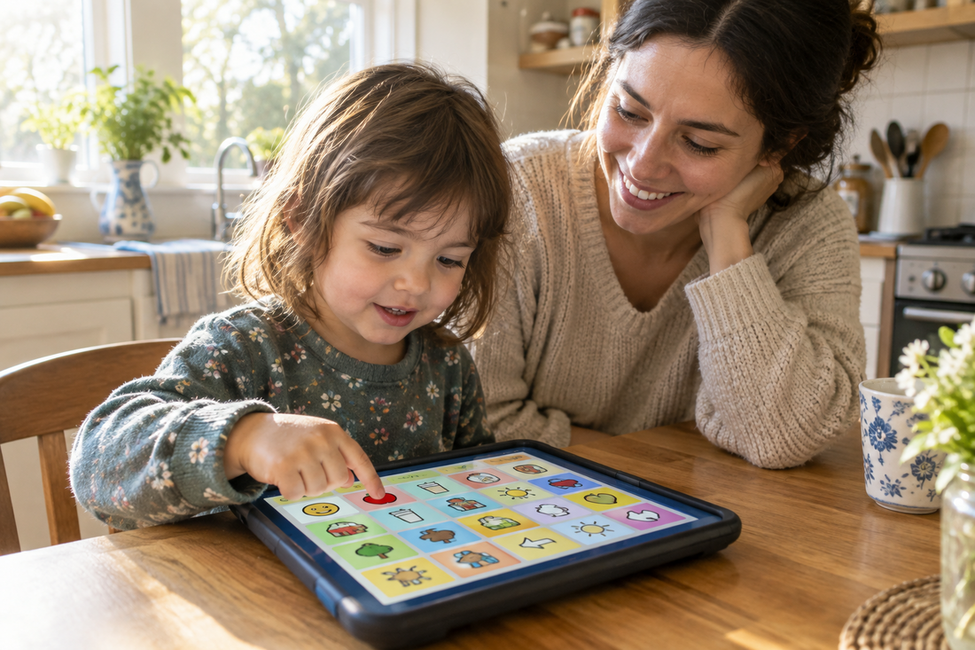 Young child tapping a picture-symbol AAC app with text-to-speech on a tablet while her mother smiles beside her