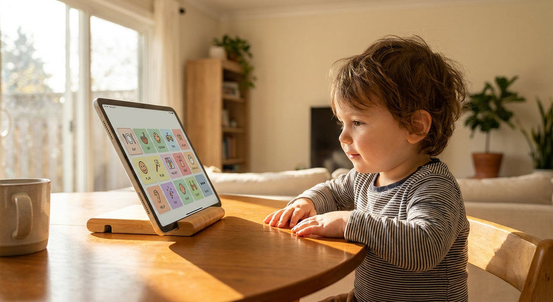 A young child sitting at a sunny wooden table gazes thoughtfully at a glowing speech communication tablet, surrounded by a warm and welcoming home environment.