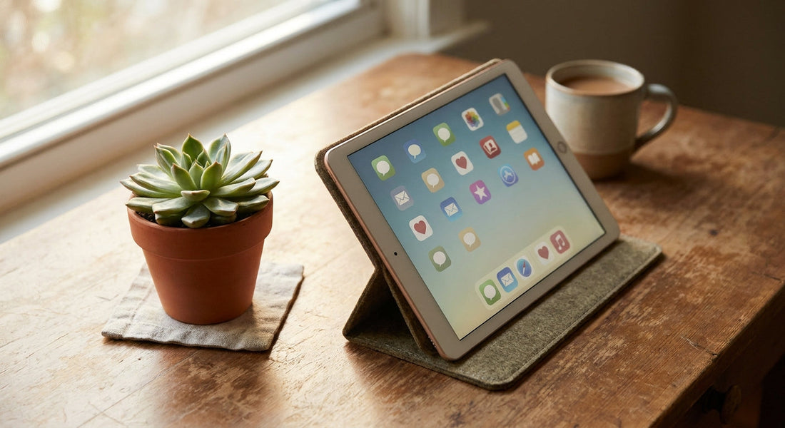 A tablet displaying colorful AAC communication symbols resting on a warm wooden surface in soft natural light.