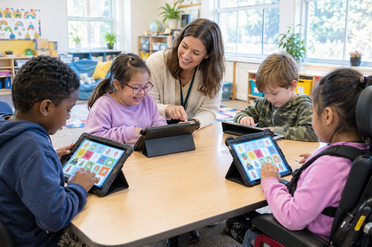 Special education teacher helping a diverse group of students use symbol-based communication software on tablets in a classroom