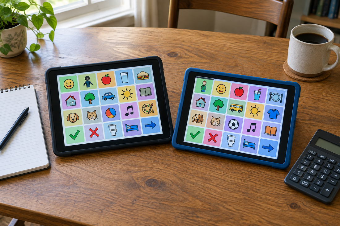 Two tablets running picture-symbol AAC apps side by side next to a calculator and notepad, comparing AAC app prices