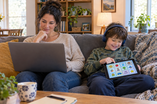 Parent comparing where to buy an AAC device on a laptop while her autistic son uses a picture-symbol speech tablet on the couch