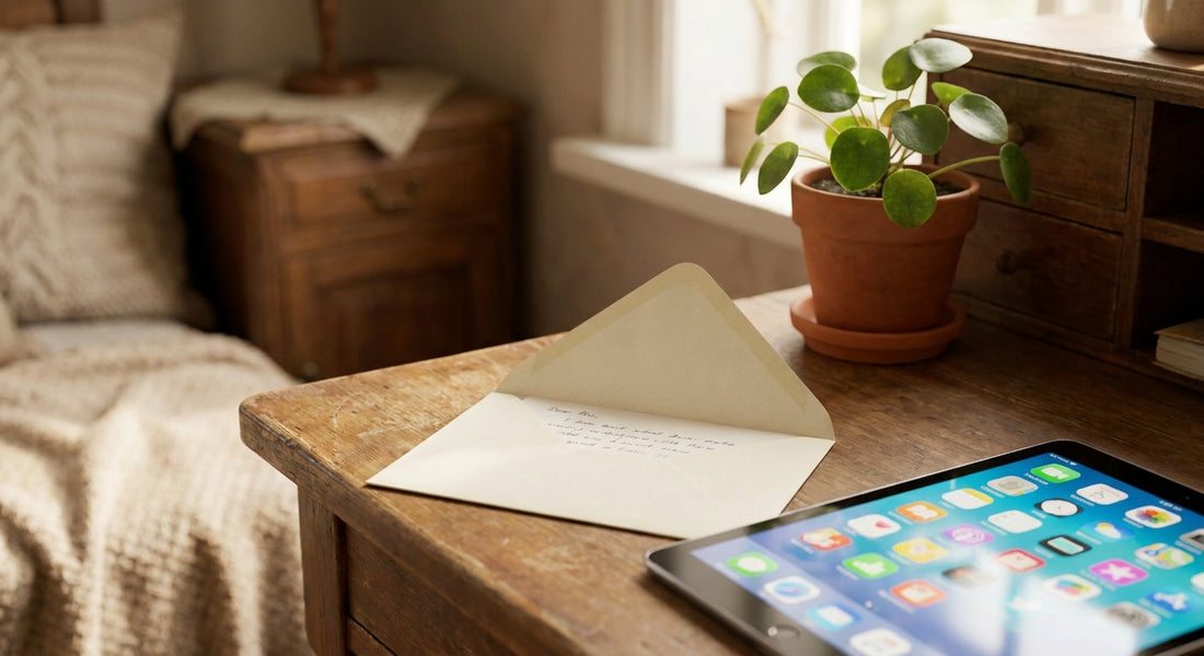 A tablet AAC communication device resting beside an open envelope on a wooden desk, lit by warm natural light with a green plant in the background, evoking hope and resolution.