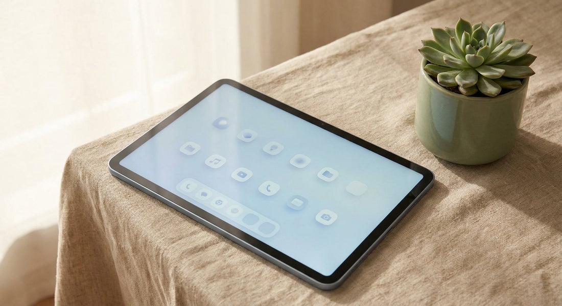 A glowing tablet device resting on a soft linen surface in warm natural light, suggesting a calm home or therapy environment for assistive communication technology.