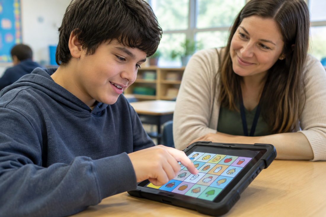 Nonverbal student using a picture-symbol communication app on a tablet at school while his teacher listens