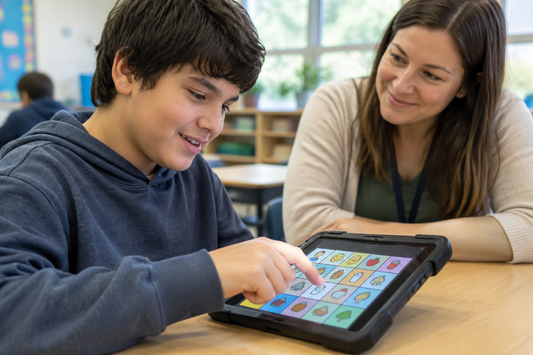 Nonverbal student using a picture-symbol communication app on a tablet at school while his teacher listens