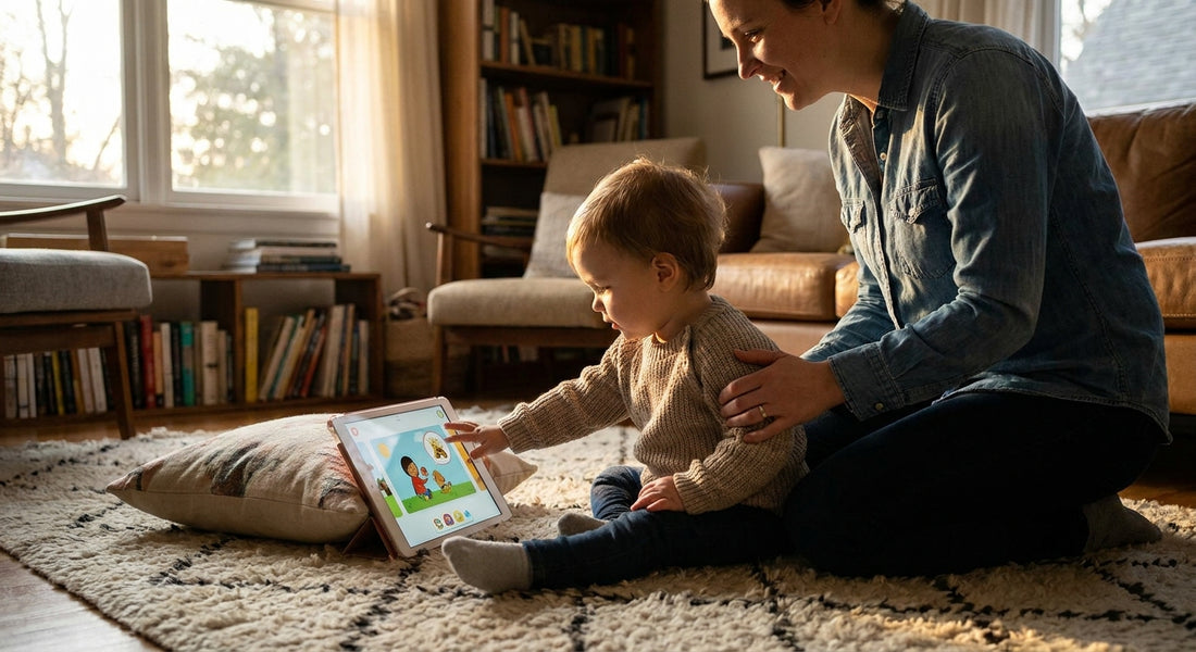 A young child reaches toward a communication tablet on a soft rug while a parent kneels nearby with an encouraging smile in a warmly lit living room.