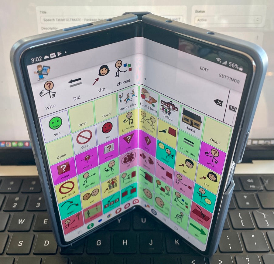 Galaxy Z Fold8 Ultra propped half-open, with the TalkTablet PRO speech board across both screen halves