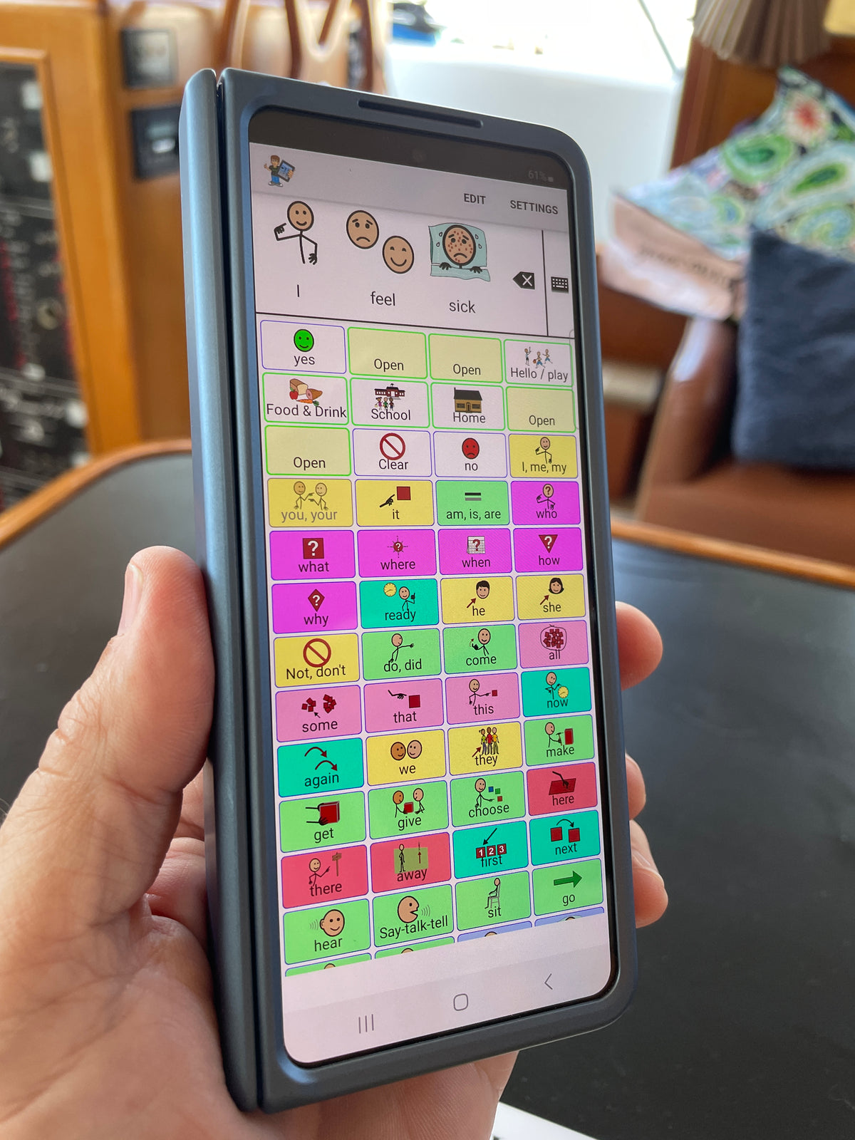 Galaxy Z Fold8 Ultra folded as a phone, running the TalkTablet PRO AAC speech app