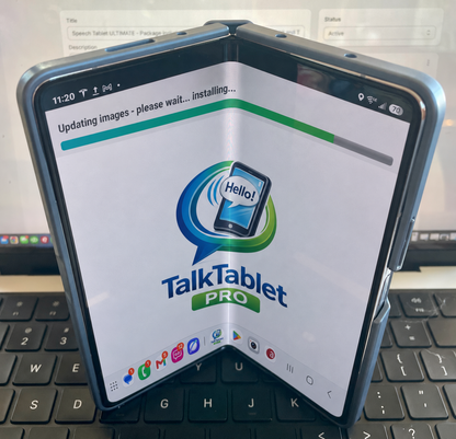 Galaxy Z Fold9 Ultra standing half-open, showing the TalkTablet PRO start-up screen