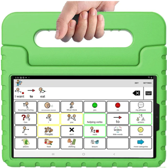 BULK PRICING: 20 (twenty) speech tablets including a 8.7″ Samsung (Android) tablet, TalkTablet PRO AAC/Speech app (Pre-Installed!) and GREEN Carrying Case