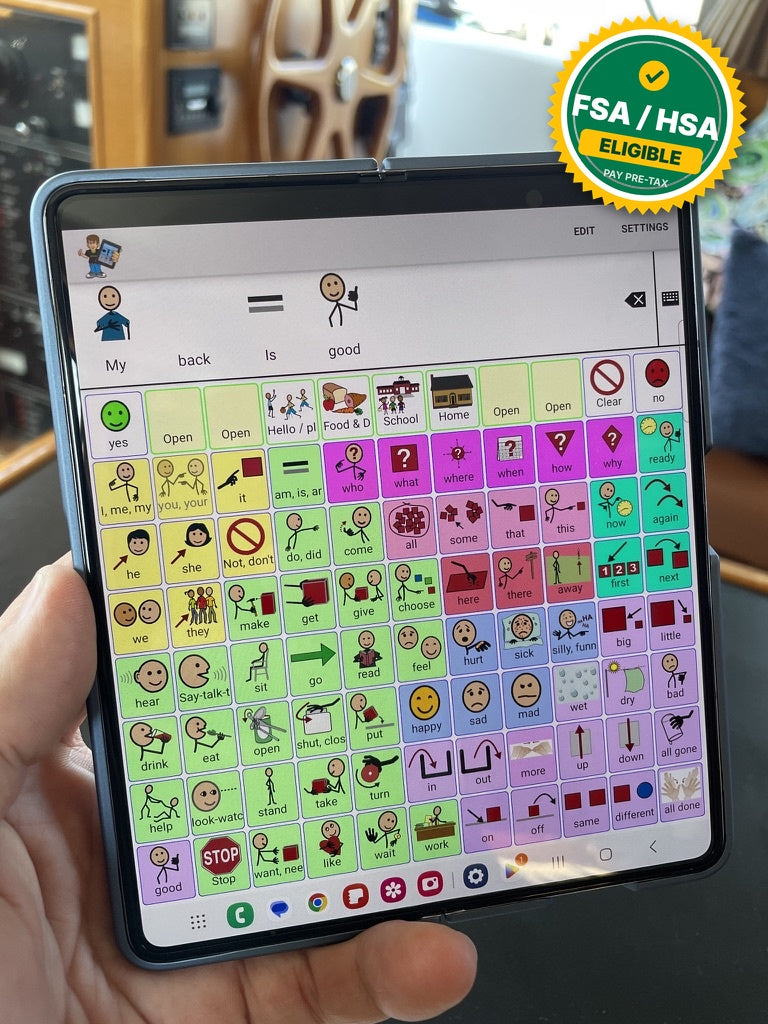 Samsung Galaxy Z Fold8 Ultra unfolded showing the TalkTablet PRO AAC symbol board, FSA/HSA eligible