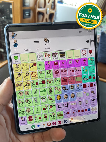 Samsung Galaxy Z Fold8 Ultra unfolded showing the TalkTablet PRO AAC symbol board, FSA/HSA eligible